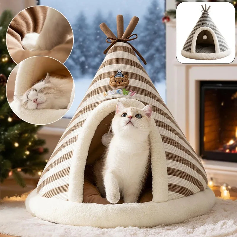 Self Warming Cat Bed Winter Warm Plush Tent House